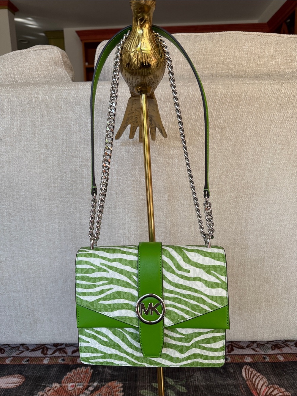 NWT Michael Kors Green Zebra Crossbody Bag Silver Chain Convertible Shoulder